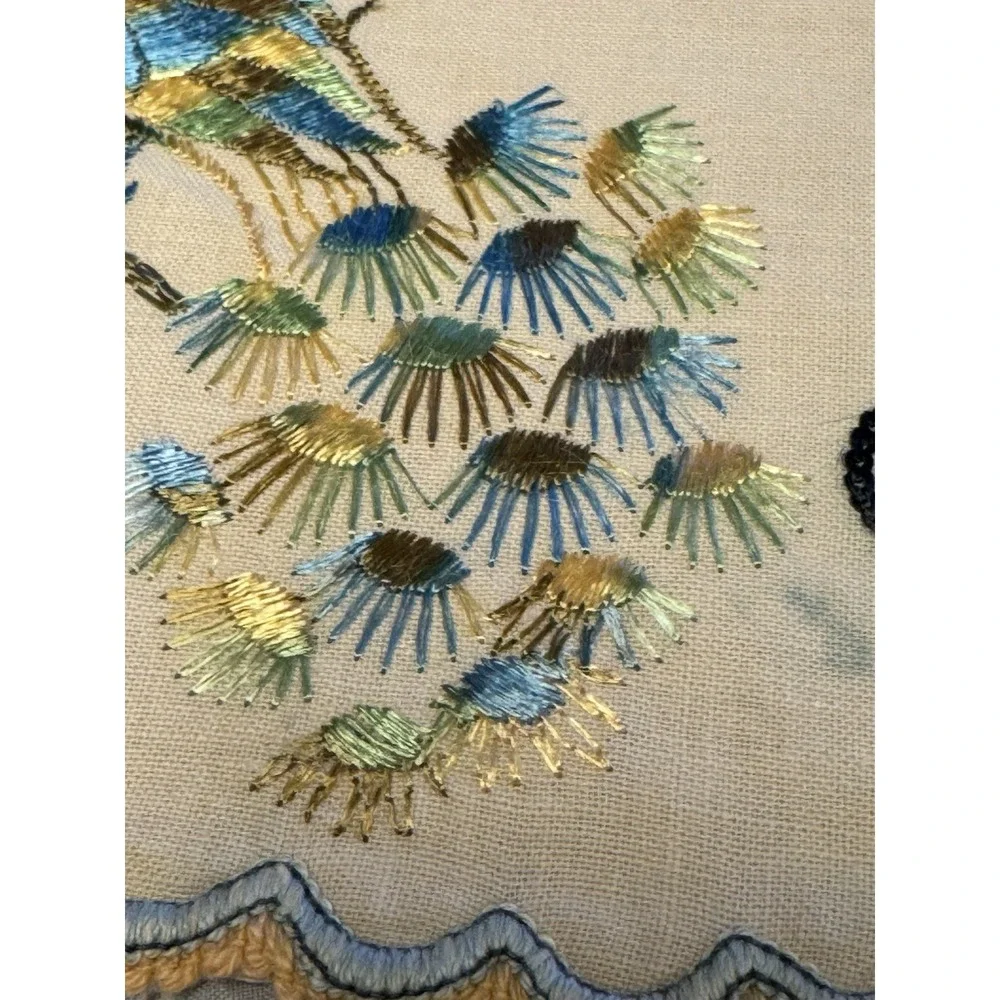 Vintage 12 in Linen Doily Blue Green Embroidered Peacock Handmade 1930-1950